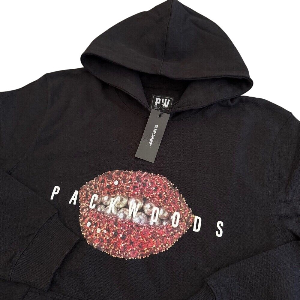Packwoods Hoodie Lips Graphic Pullover Sweatshirt Black Cotton Men's‎ Medium